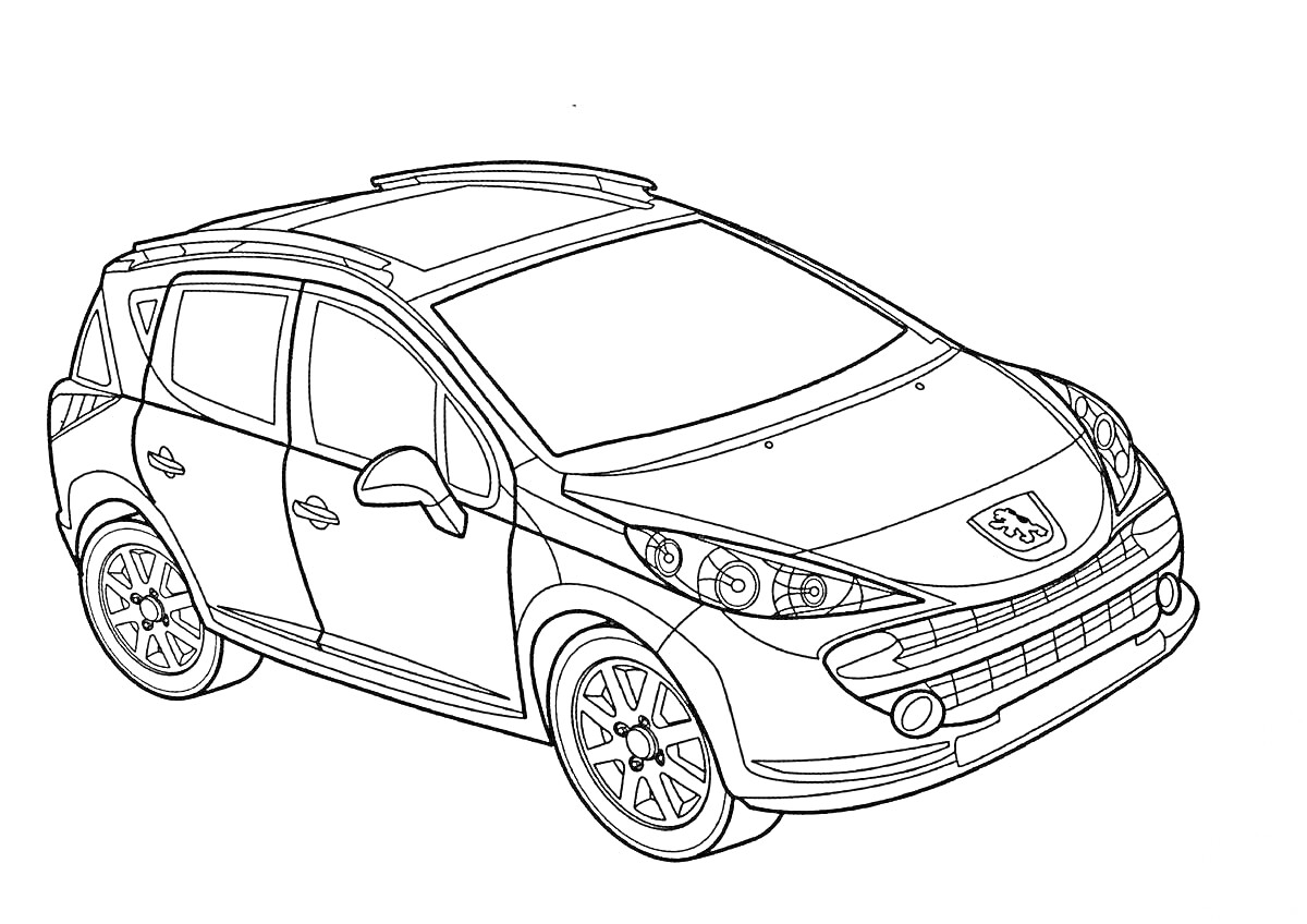 Контурный рисунок автомобиля Peugeot с четырьмя дверьми и эмблемой на капоте