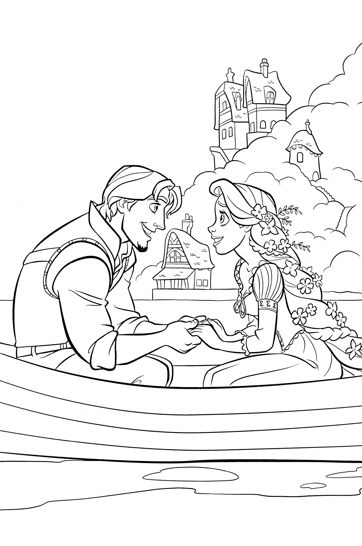 Рапунцель и молодой человек в лодке на фоне замка и домов