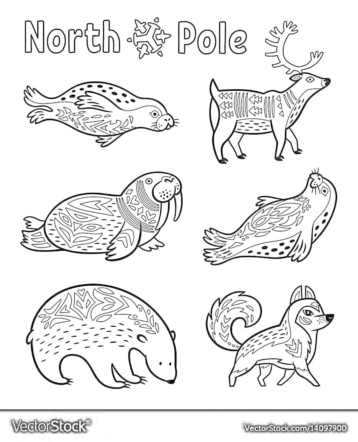 На раскраске изображено: Северный полюс, Тюлень, Северный олень, Морж, Белый медведь, Песец, Животные, Север, Арктика
