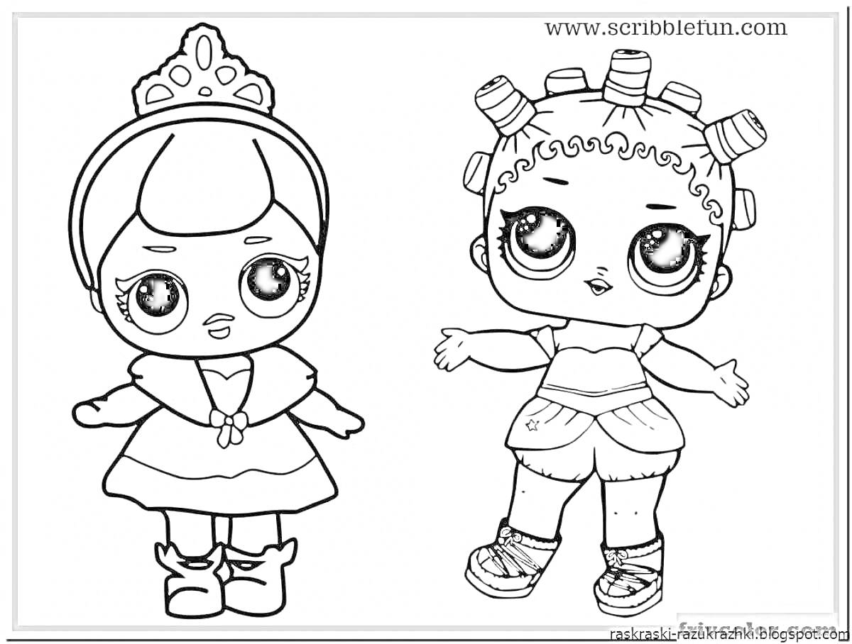 Раскраска Две куклы ЛОЛ, одна в платье и короне, другая с бигудями и в шортах
