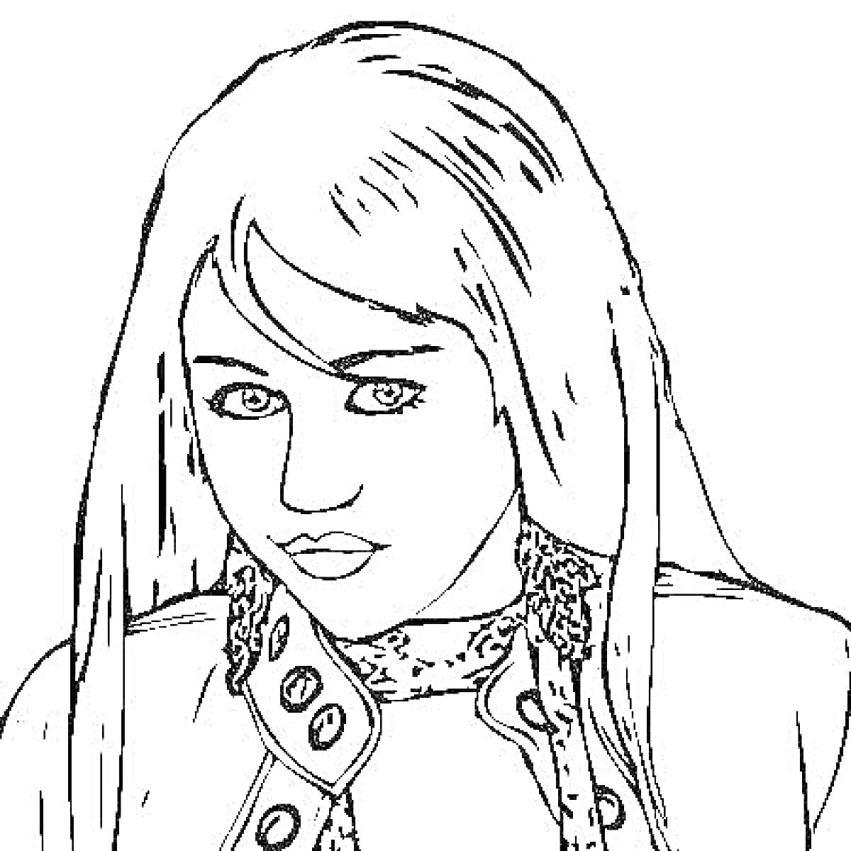 Раскраска Портрет девушки с длинными волосами и курткой с пуговицами из сериала Ханна Монтана