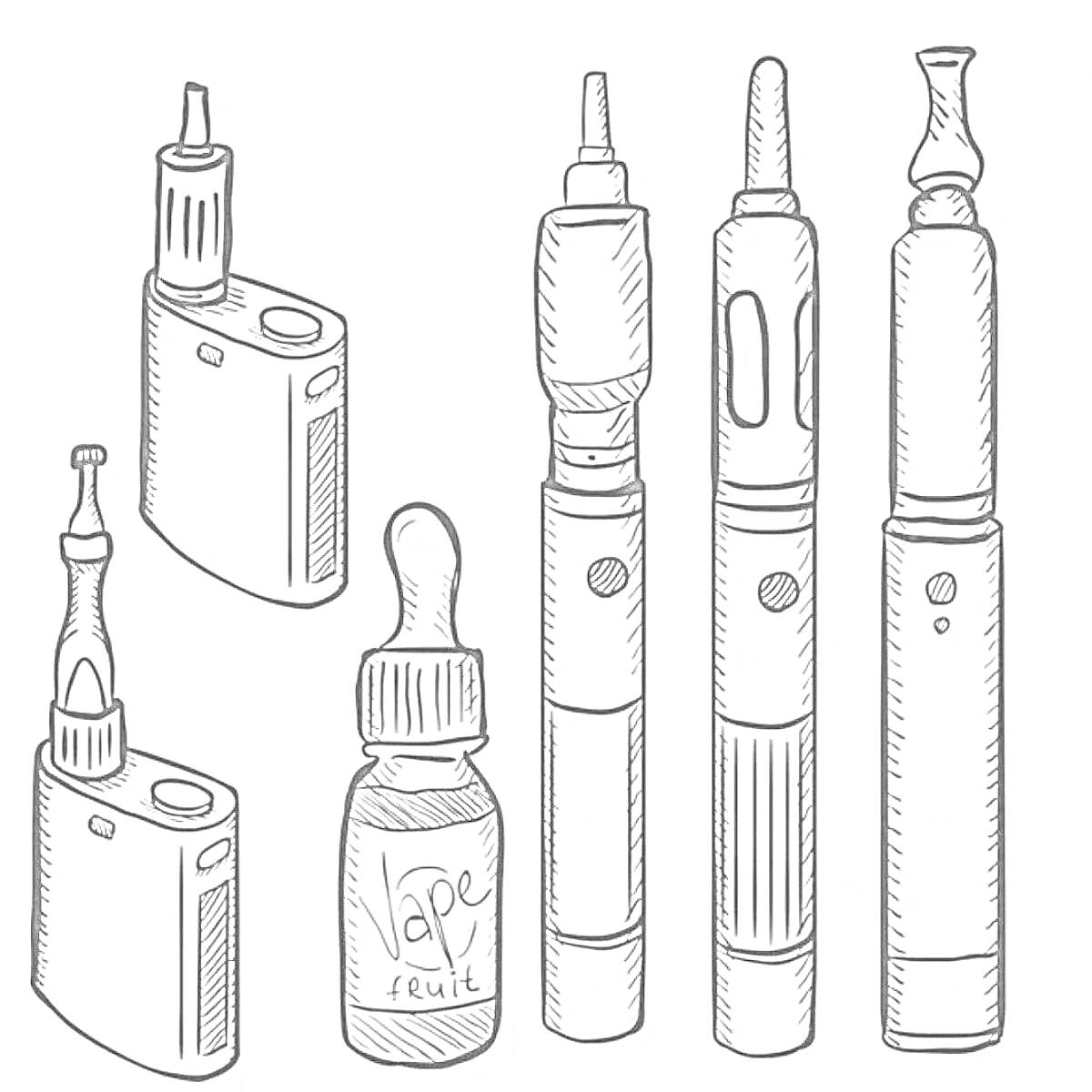 Раскраска Электронные сигареты разных типов с флаконом жидкости