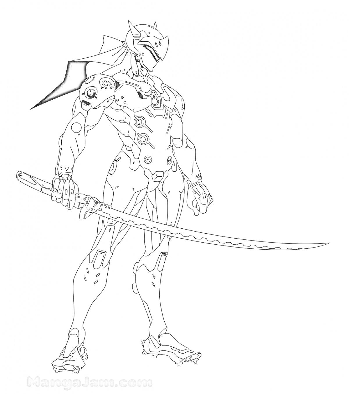 Раскраска Кибернетический воин с мечом из игры Overwatch