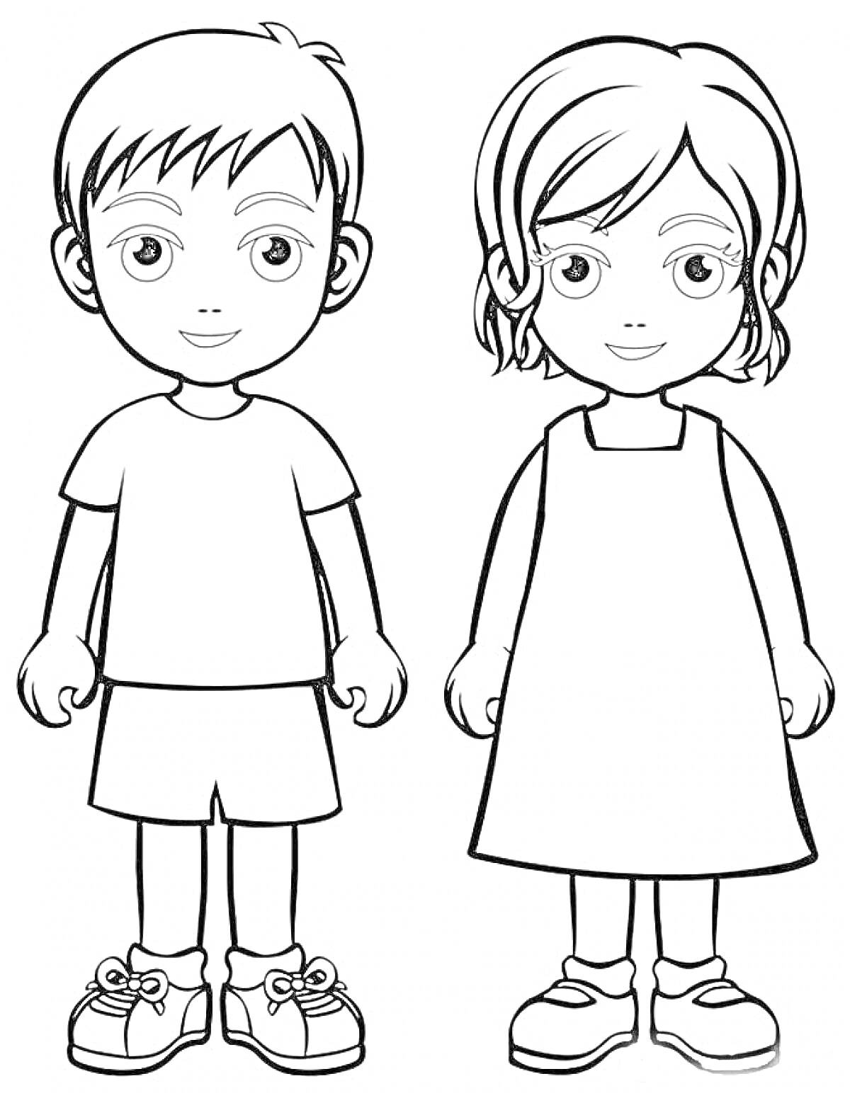 Раскраска Дети в летних нарядах (мальчик и девочка, стоящие рядом, в летних одеждах)