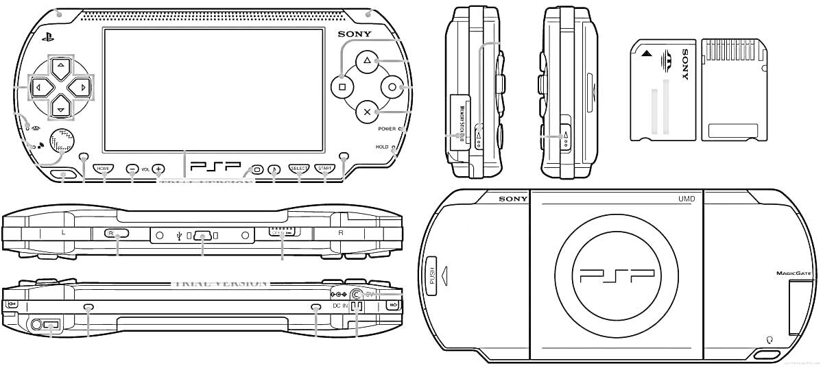 Раскраска Детализированные элементы PSP с различными ракурсами (вид спереди, вид сверху, вид сзади), а также отдельно изображенные карты памяти и порты.