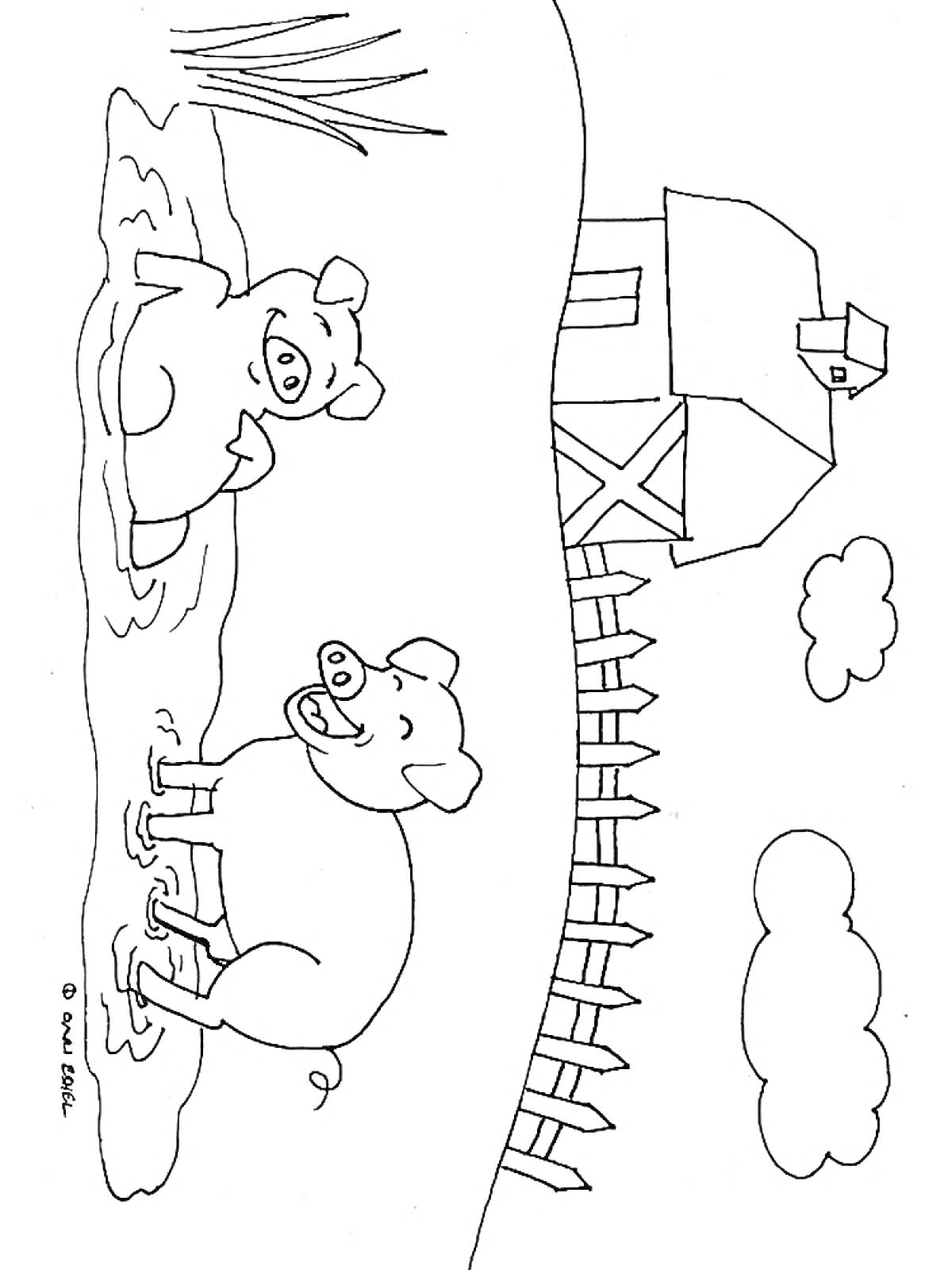 Раскраска Две свиньи в грязи у сарая с забором и облаками