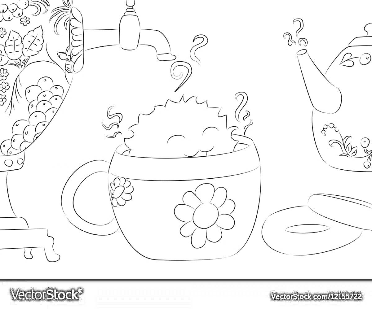 Раскраска самовар в стиле хохлома, чашка с цветком, пирожки, чайник с хохломским узором