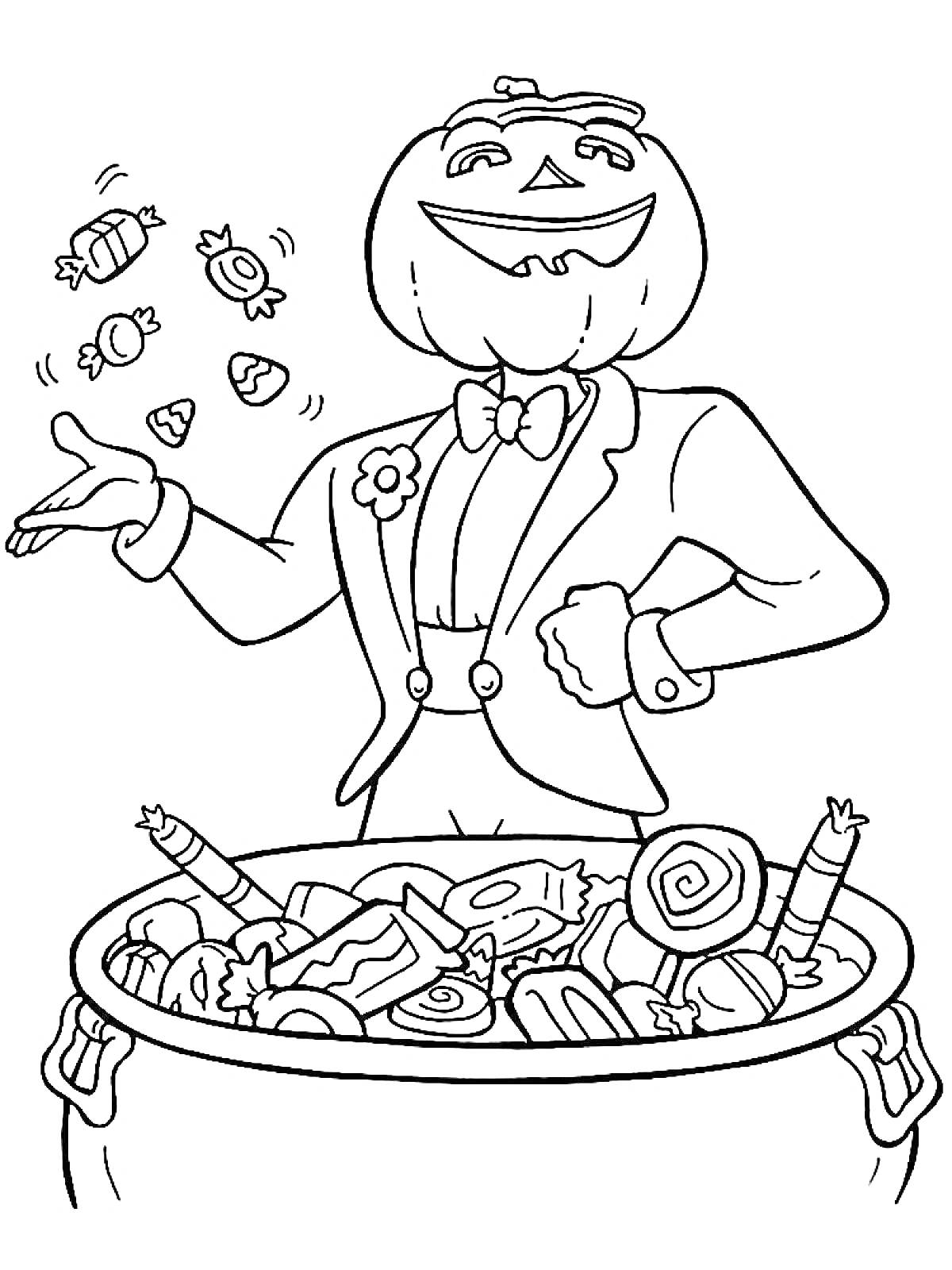 Раскраска Человек с тыквенной головой в костюме, зачерпывающий конфеты из котла