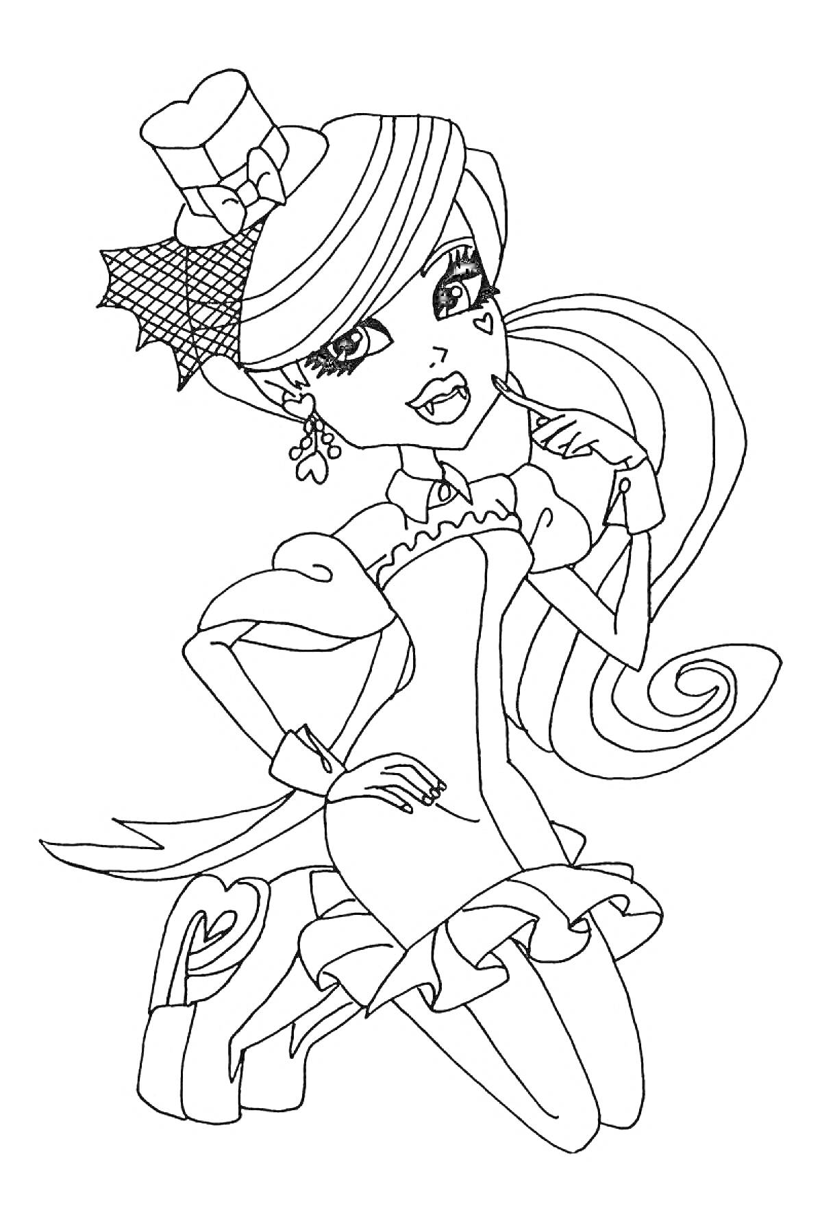 Девочка в шляпке с сердечком на щеке, в платье с рюшами и паучьей сеткой в волосах, с украшением в виде звезды на ушах