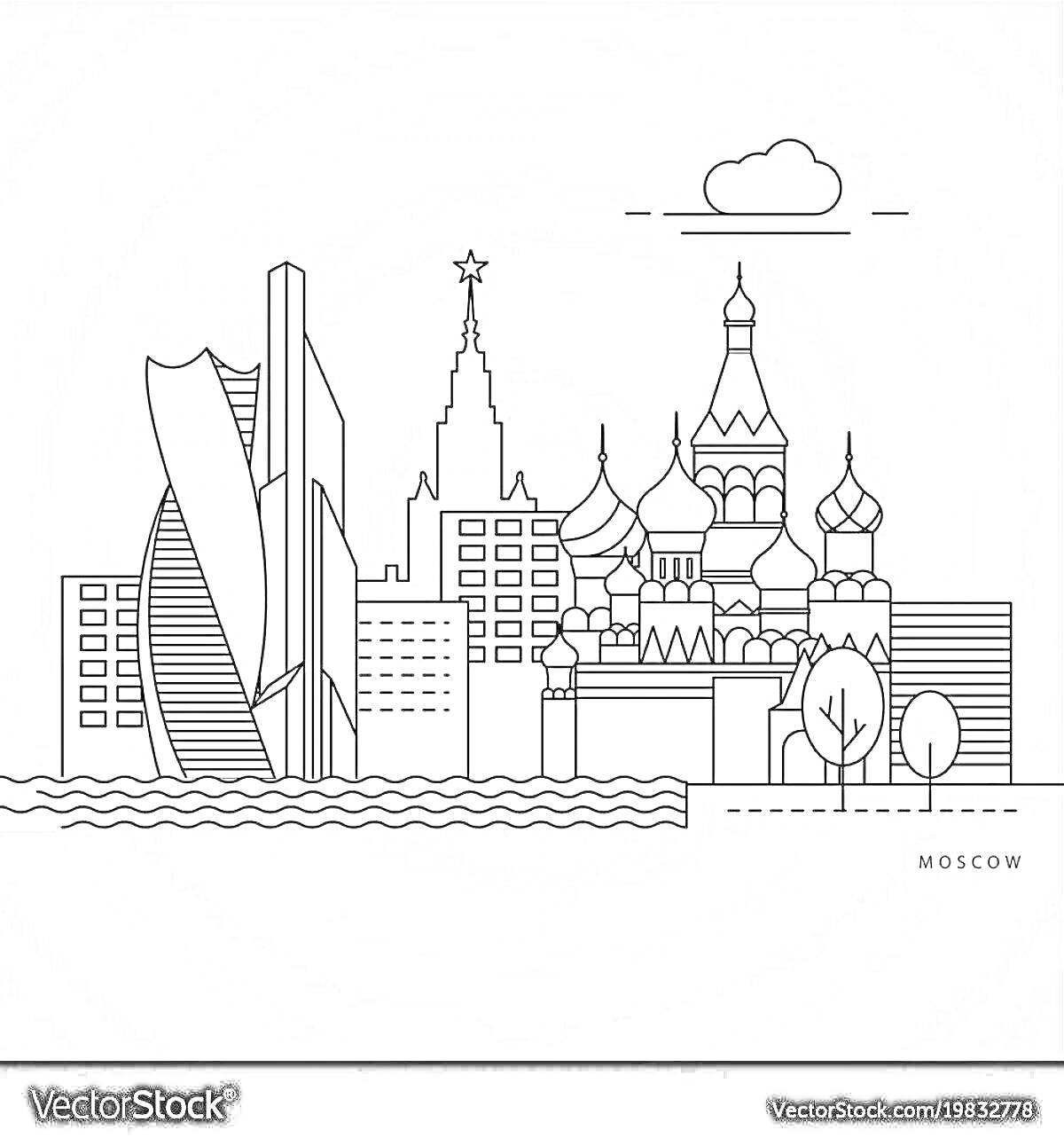 На раскраске изображено: Москва, Небоскребы, Исторические здания, Река, Архитектура, Достопримечательности, Россия, Городской пейзаж