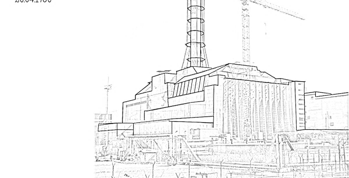 Раскраска Чернобыльская АЭС с плотинами, краном и башней на заднем плане