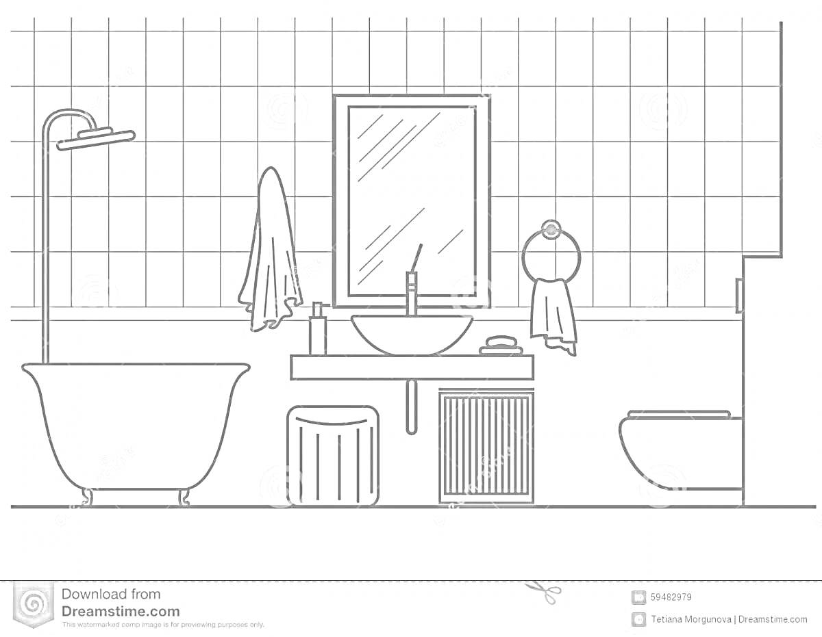 Раскраска Ванная комната с душем, умывальником, зеркалом, полотенцами, табуретом и унитазом