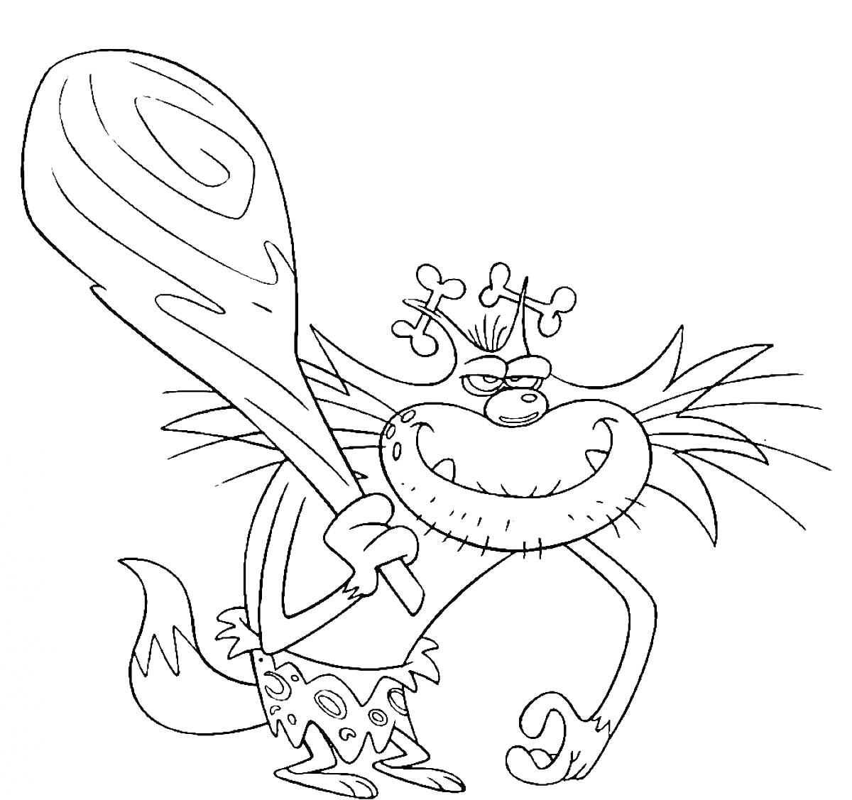 Раскраска Кот с большой дубинкой в стиле пещерного человека из мультфильма 