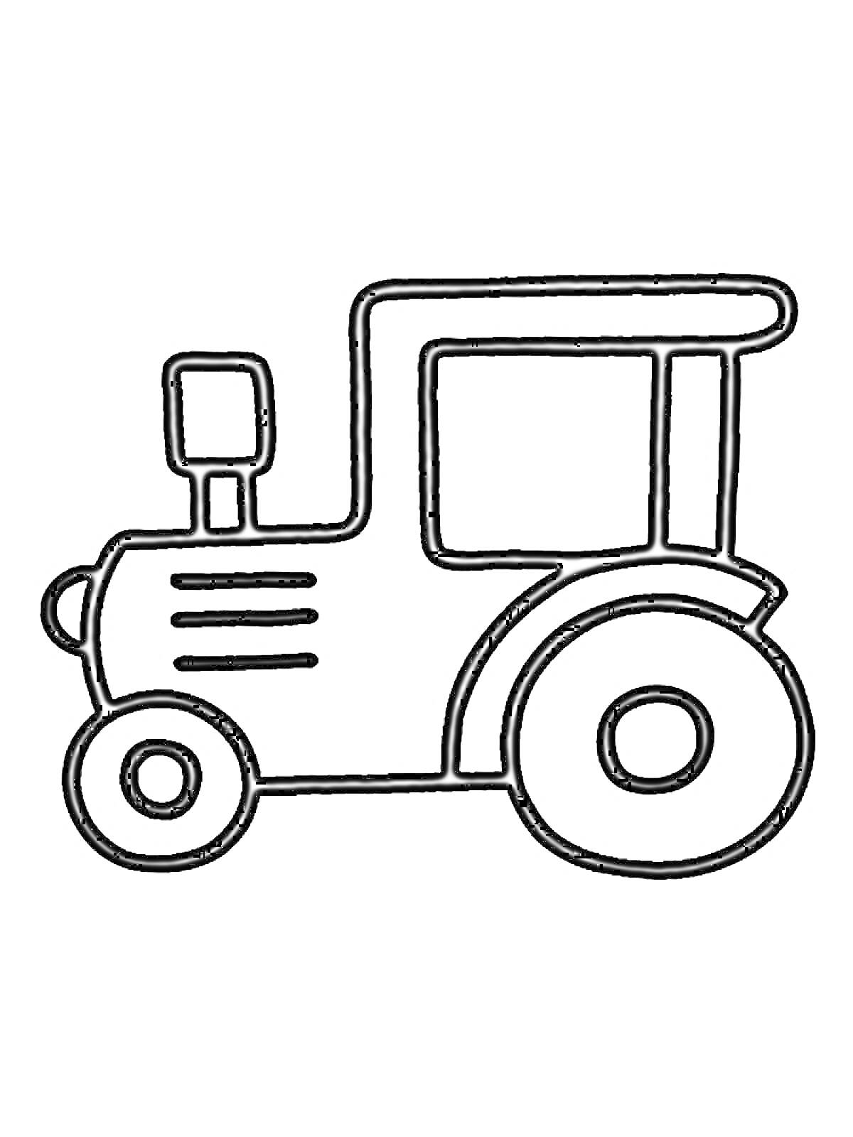 На раскраске изображено: Трактор, Колеса, Крыша, Детский сад, Транспорт, Техника
