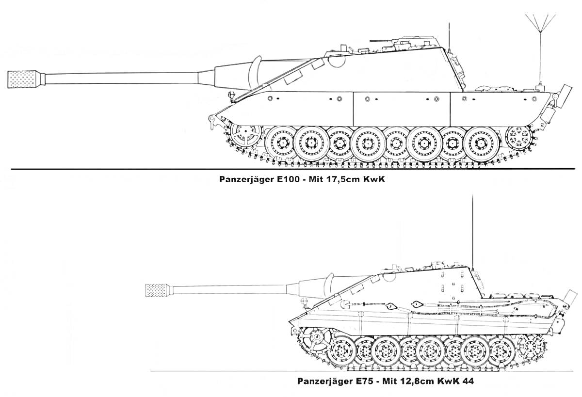 Раскраска Panzerjäger E100 - Waffenträger на шасси E-100 с орудиями Rheinmetall 17,5 cm KwK и 12,8 cm KwK 44