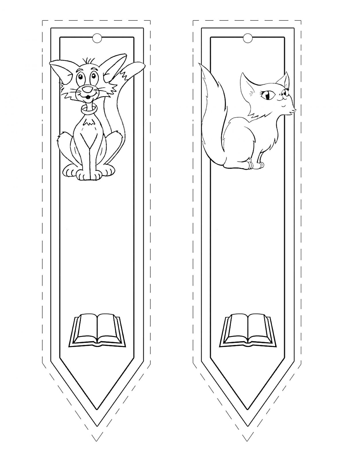 Раскраска Закладки с изображениями кота и кошки и символом книги