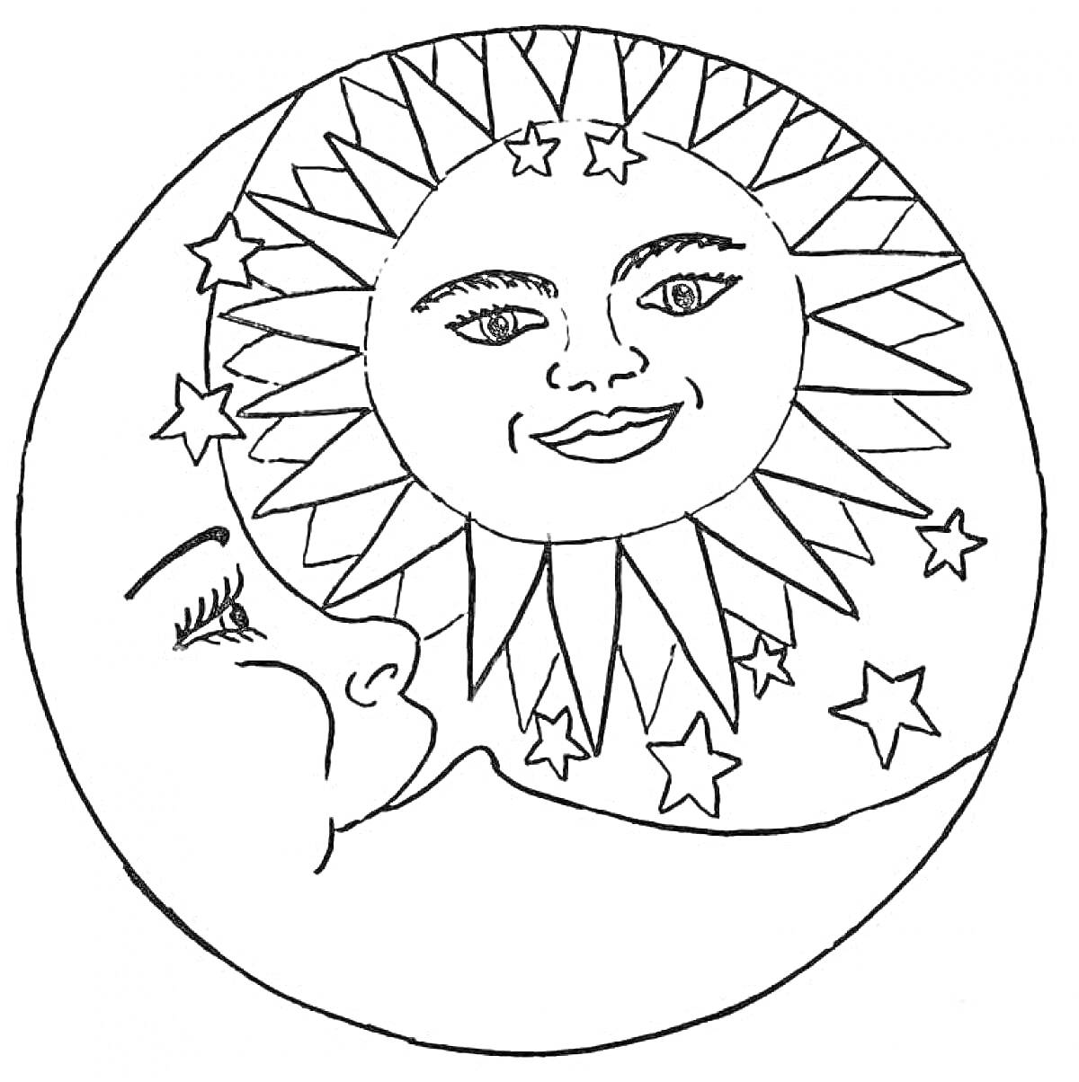 Раскраска Солнце с лучами и улыбающимся лицом, луна с закрытыми глазами и несколькими звездами на фоне.