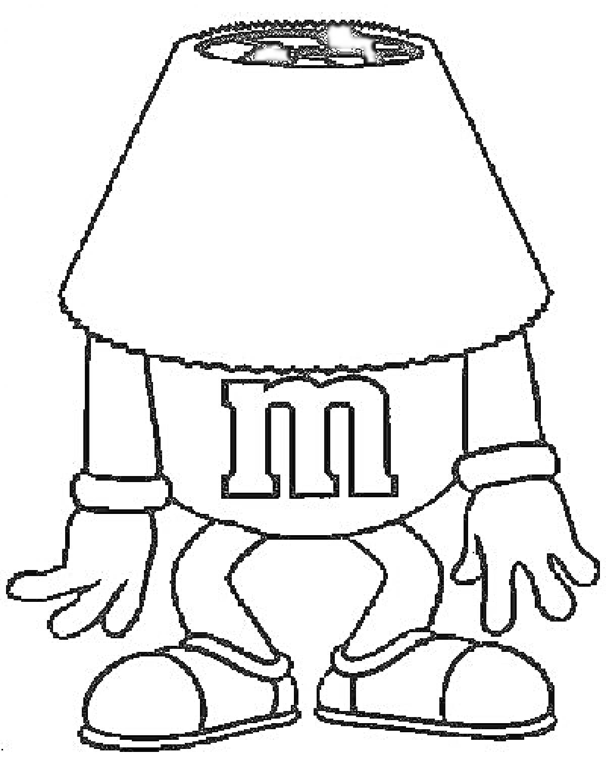 Раскраска Эмемдемс с абажуром на голове, руки в перчатках, кроссовки на ногах
