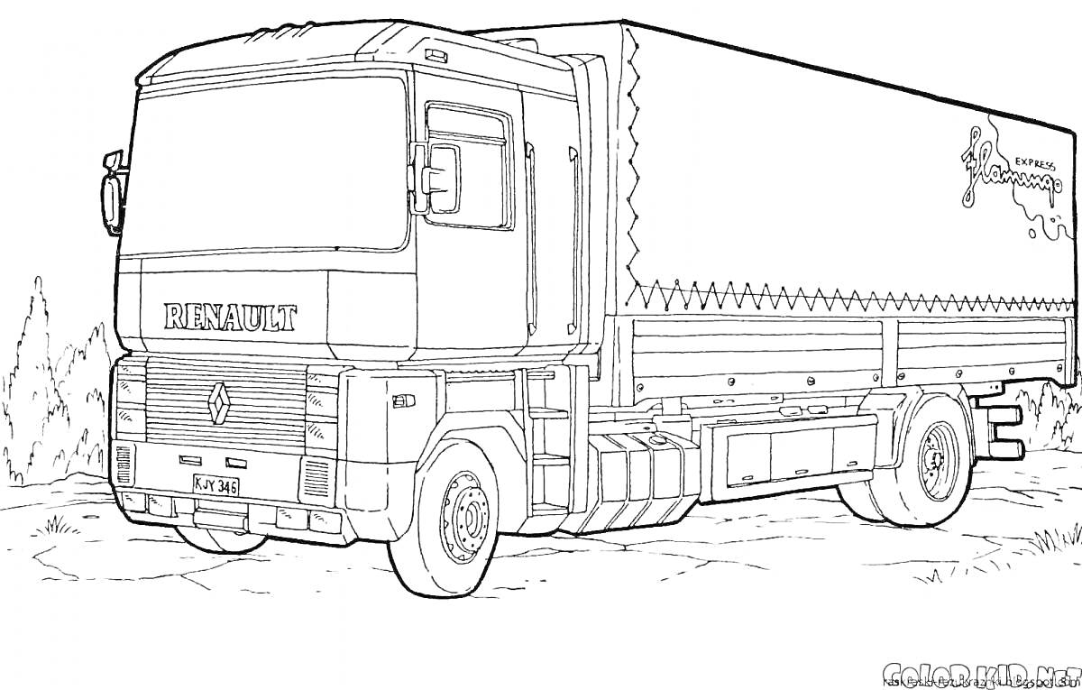 На раскраске изображено: Для мальчиков, Renault, Деревья, Транспорт