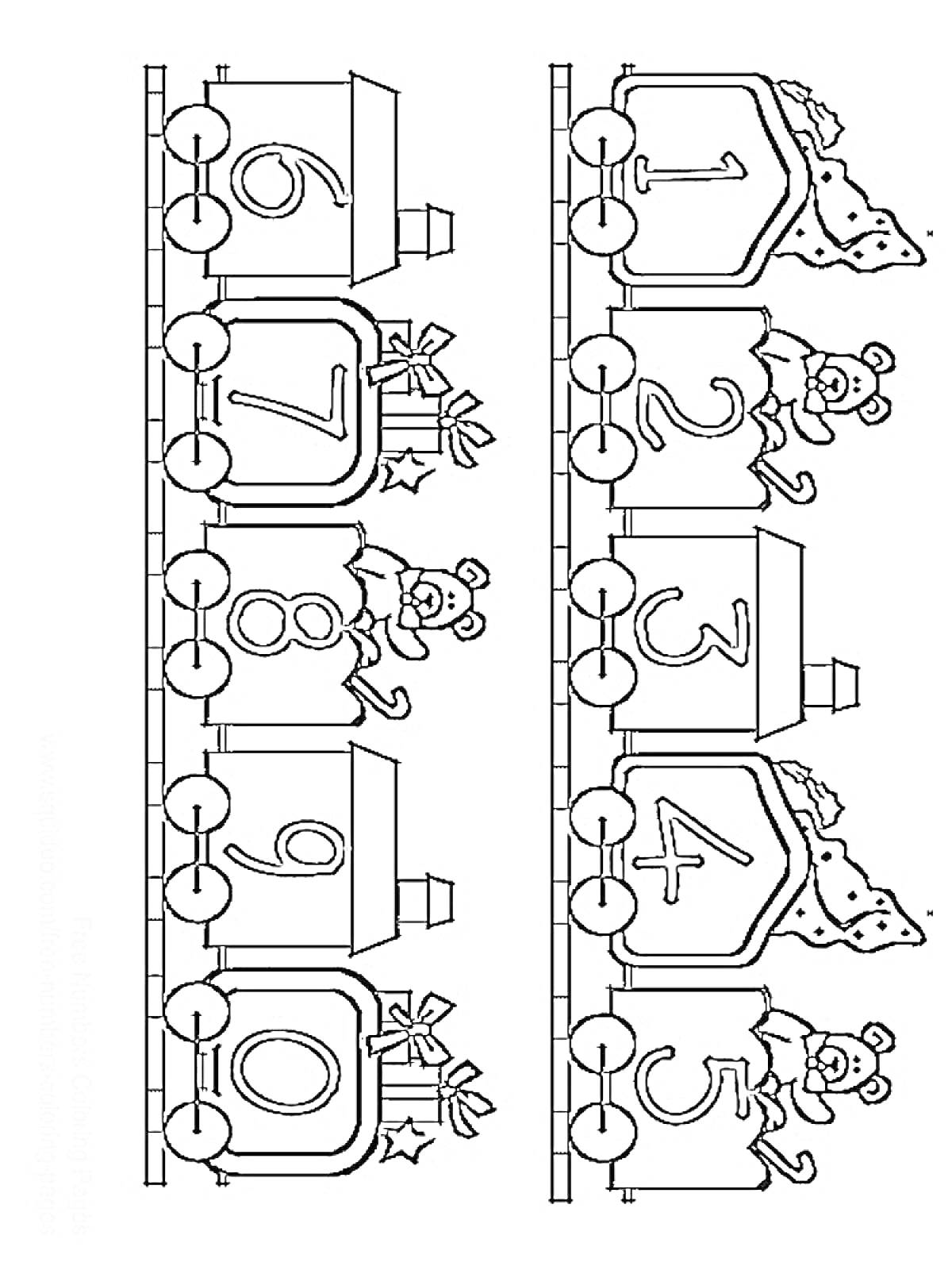 Раскраска Поезд с вагонами, пронумерованными от 1 до 10, с плюшевыми медвежатами и подарками