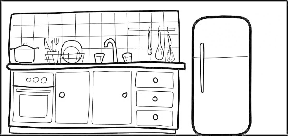 На раскраске изображено: Кухня, Плита, Раковина, Холодильник, Посуда, Столешница, Кастрюли