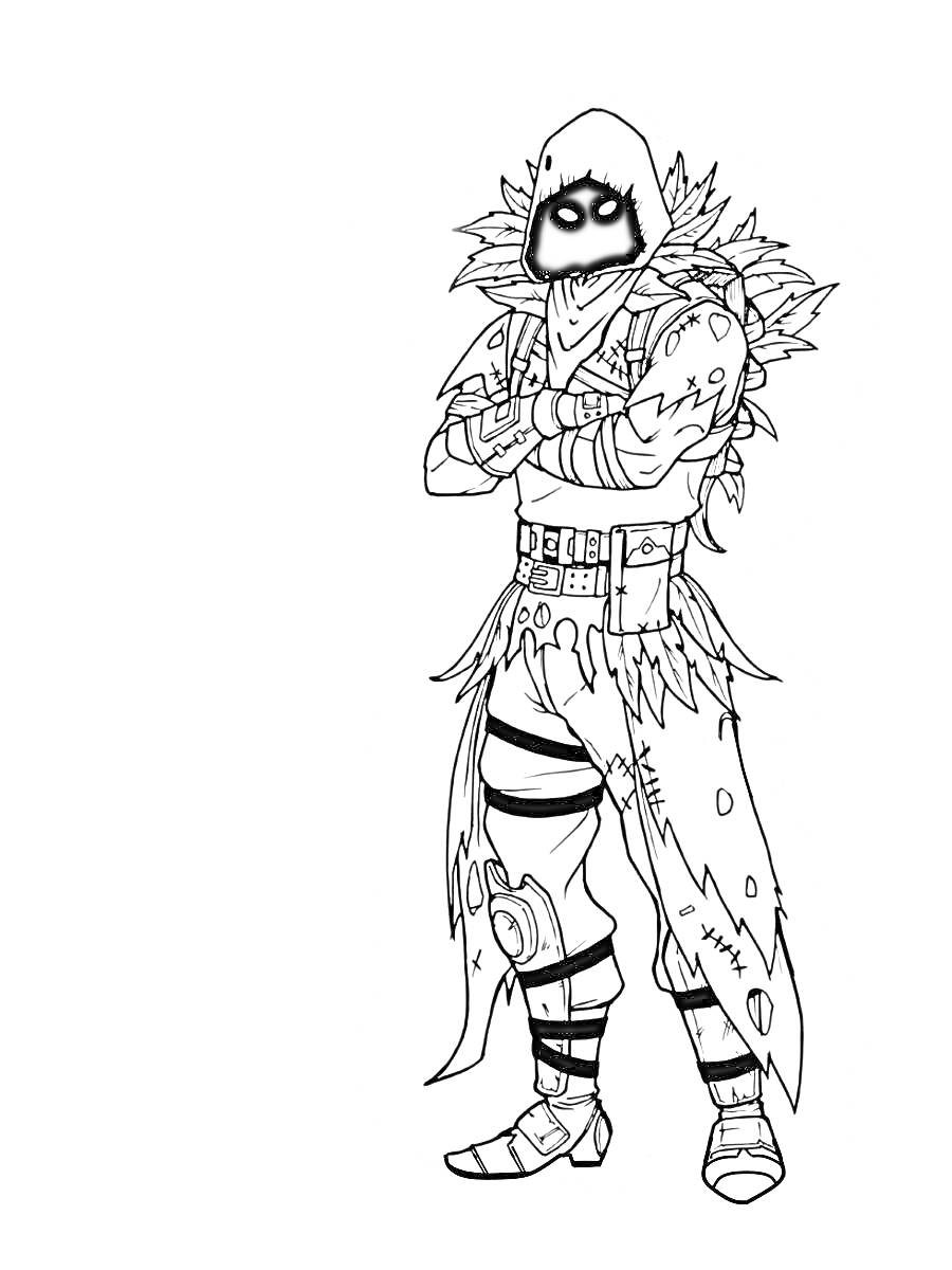Раскраска Персонаж из Фортнайт с капюшоном, перчатками, ремнями и клёпками, в маскировочной одежде