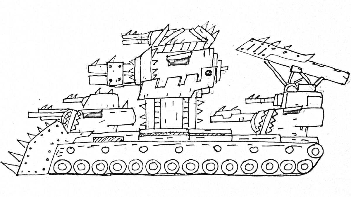 На раскраске изображено: Танк, КВ-6, Гусеницы, Башни, Шипы, Военная техника