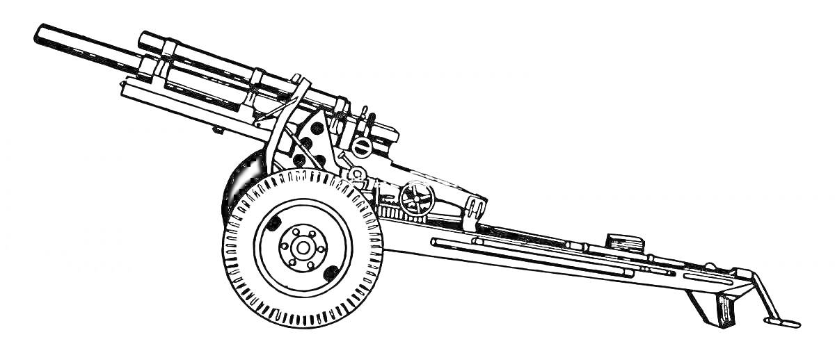 Раскраска Артиллерийское орудие на колесах с длинным стволом и упором