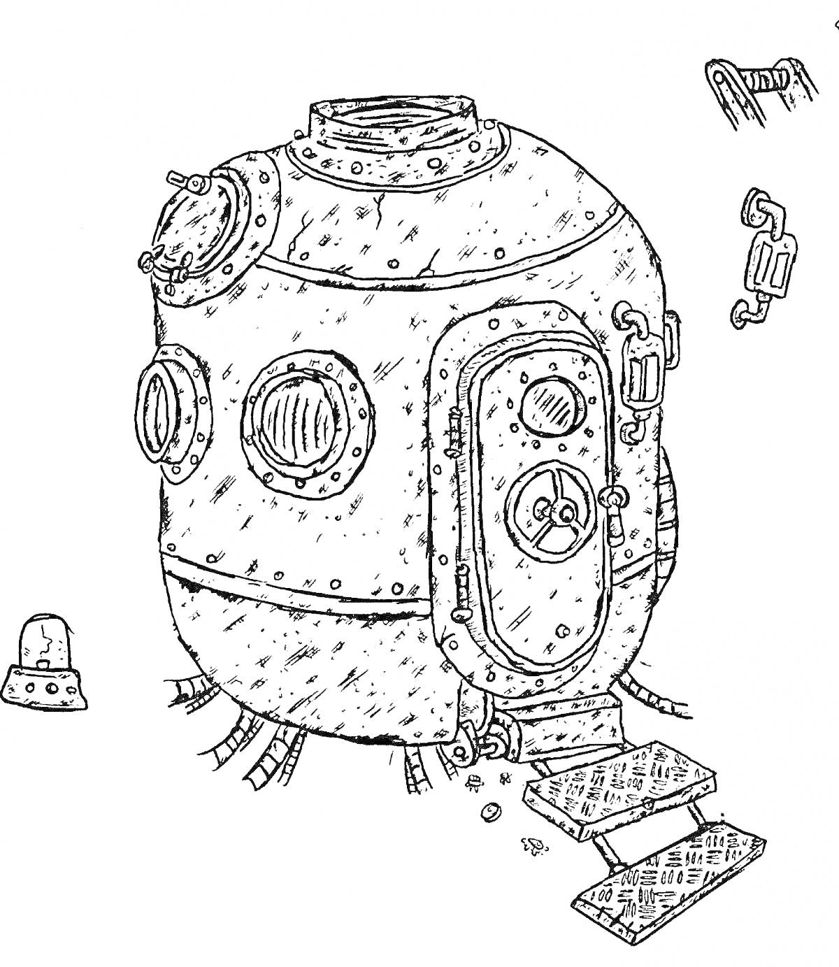 Раскраска Машина времени в виде капсулы с круглым окном, дверью и ступеньками, трубы и детали на заднем плане