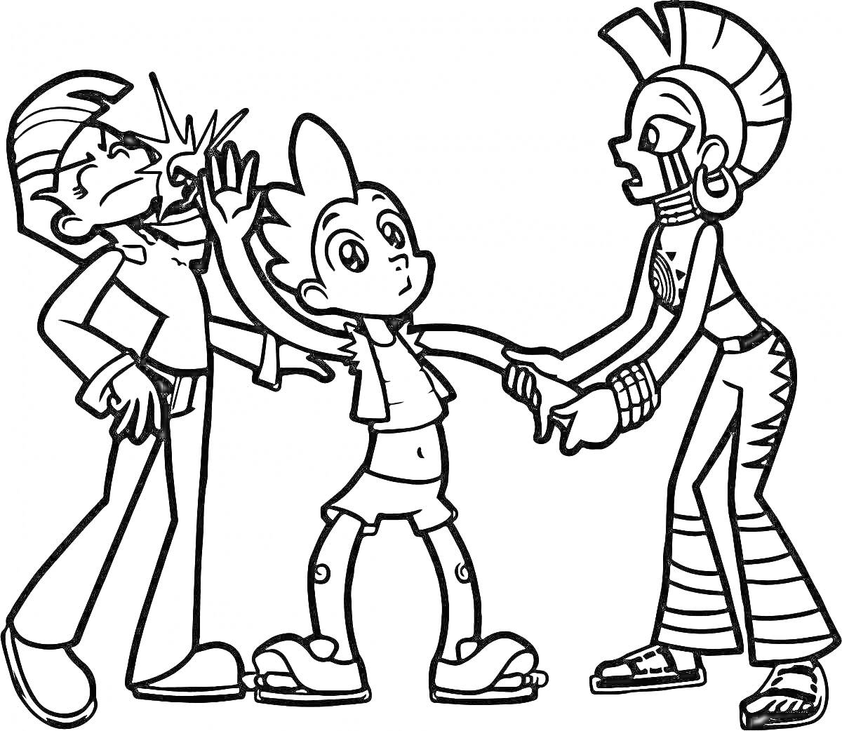 Раскраска Трое персонажей со спайк прическами, один из персонажей отталкивает другого, третий держит за руку первого