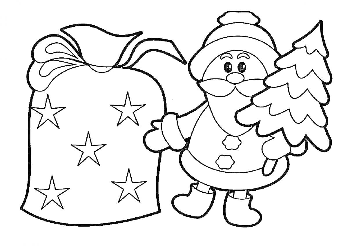 Раскраска Дед Мороз с ёлочкой и мешком с подарками