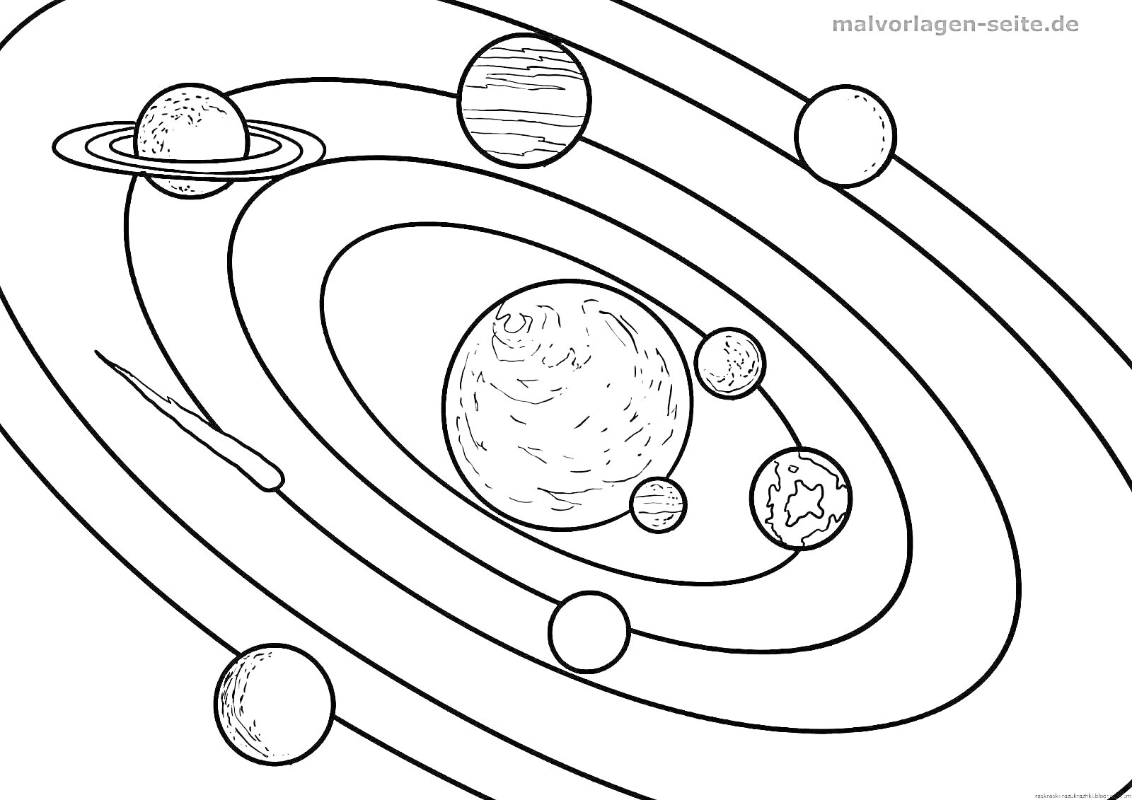 На раскраске изображено: Солнечная система, Планеты, Солнце, Спутники, Космос, Орбиты