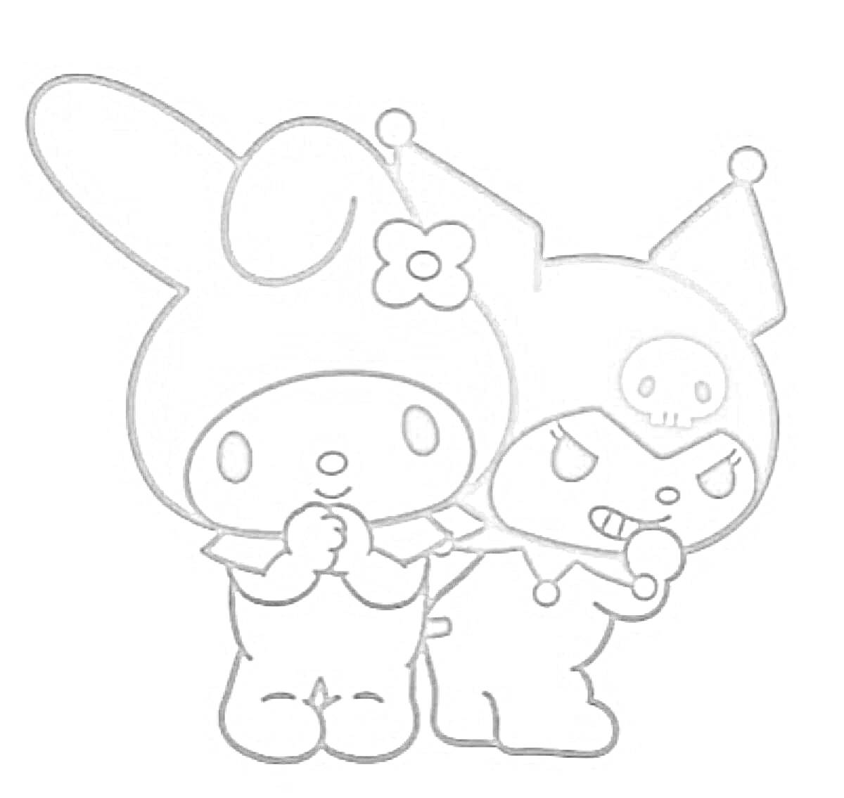Раскраска Два персонажа Санрио - один с ушами кролика и цветком на капюшоне, второй в капюшоне с изображением черепа