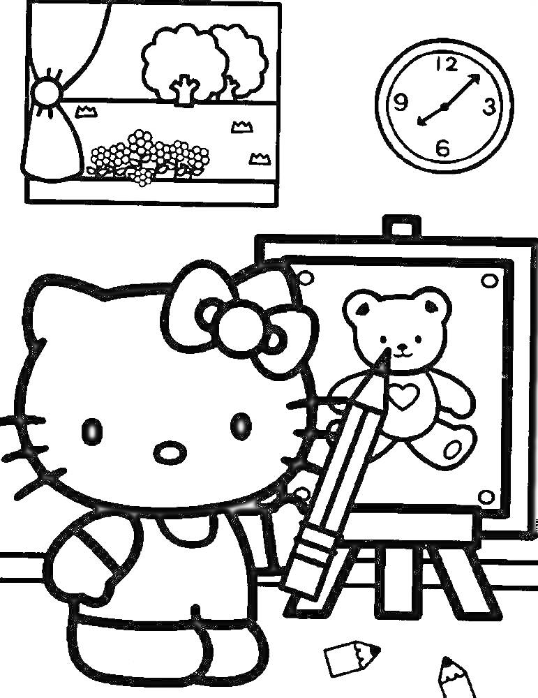 Китти рисует в комнате с картиной мишки, окном с деревьями и часами