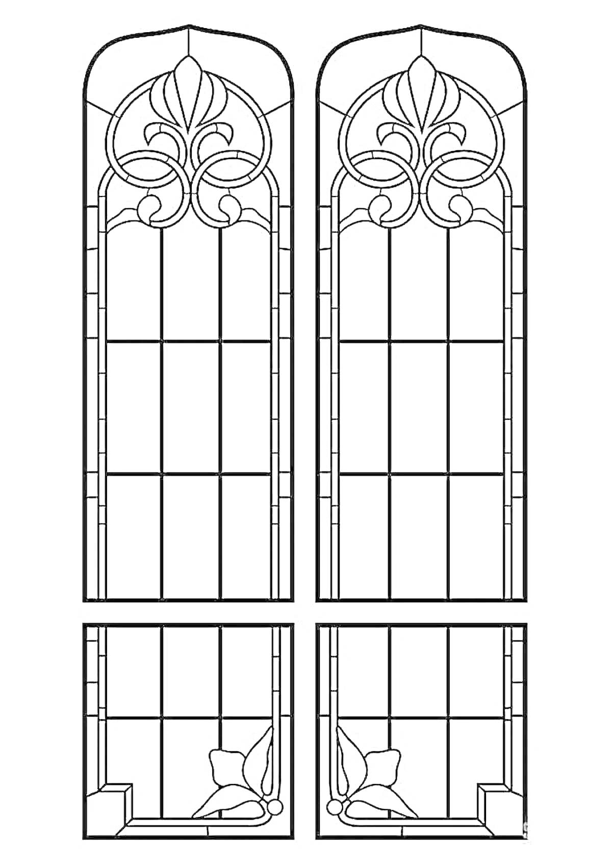 Раскраска Витражные окна с цветочным орнаментом и геометрическими элементами