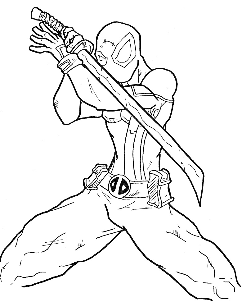 Раскраска Дэдпул с мечом в боевой позе
