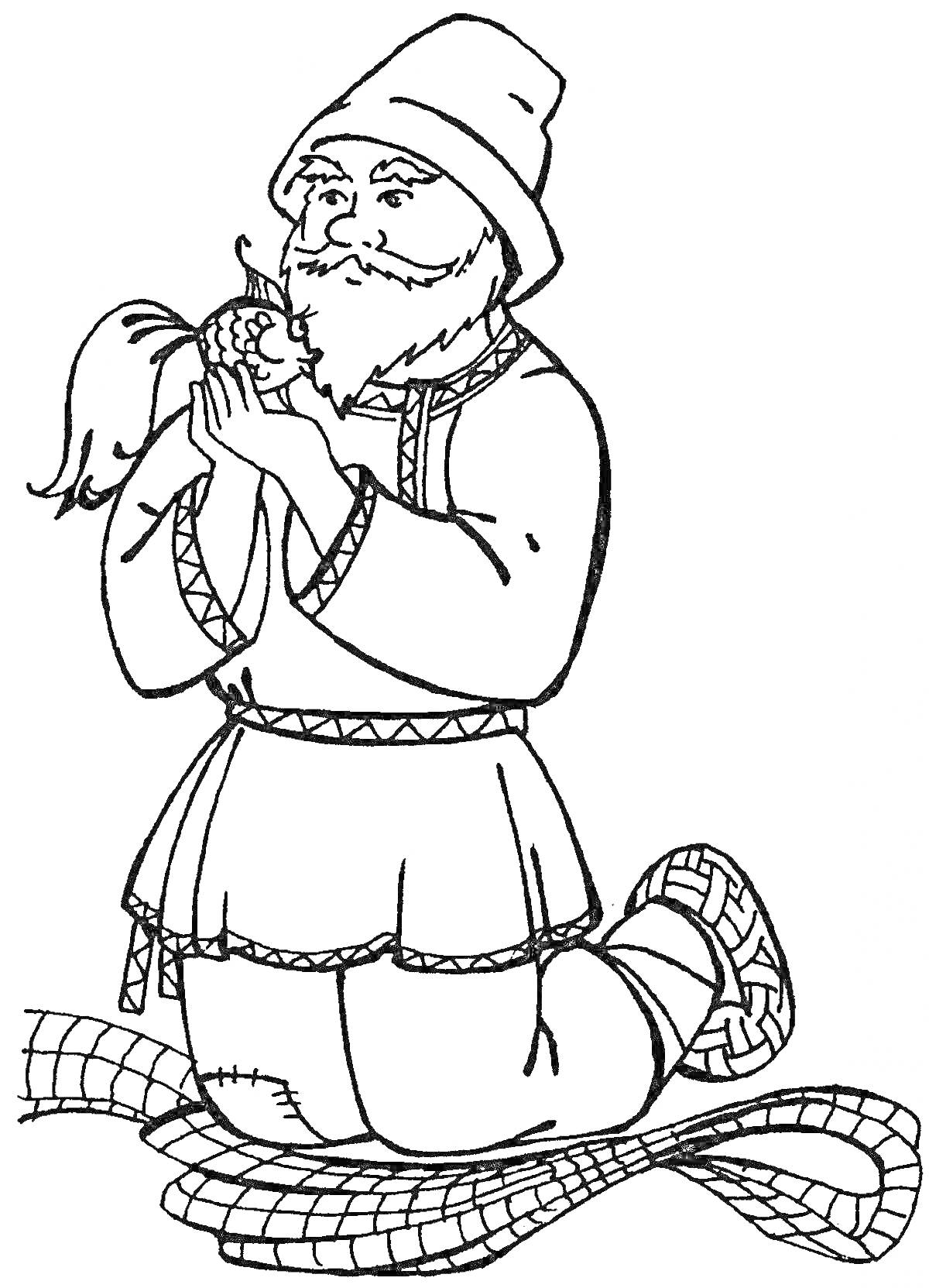 Раскраска Старик с золотой рыбкой из сказки Пушкина, сидящий на коленях