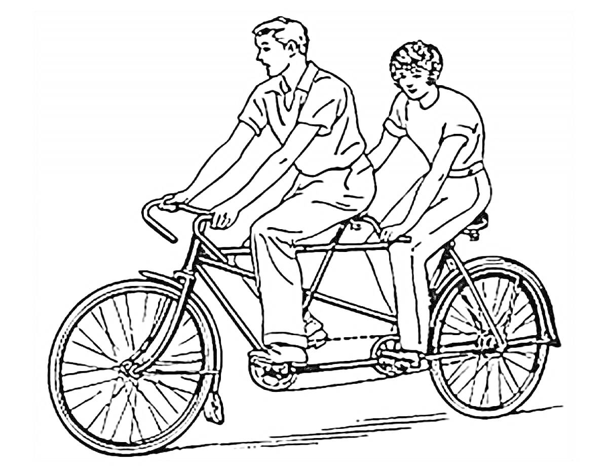 На раскраске изображено: Велосипед, Два человека, Движение, Активный отдых, Спорт, Транспорт