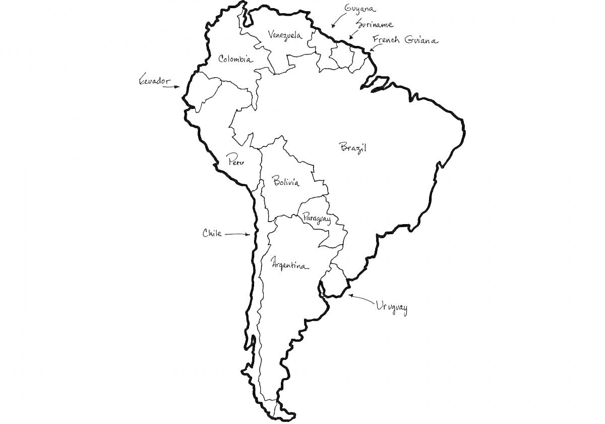 На раскраске изображено: Южная Америка, Карта, Эквадор, Чили, Аргентина, Бразилия