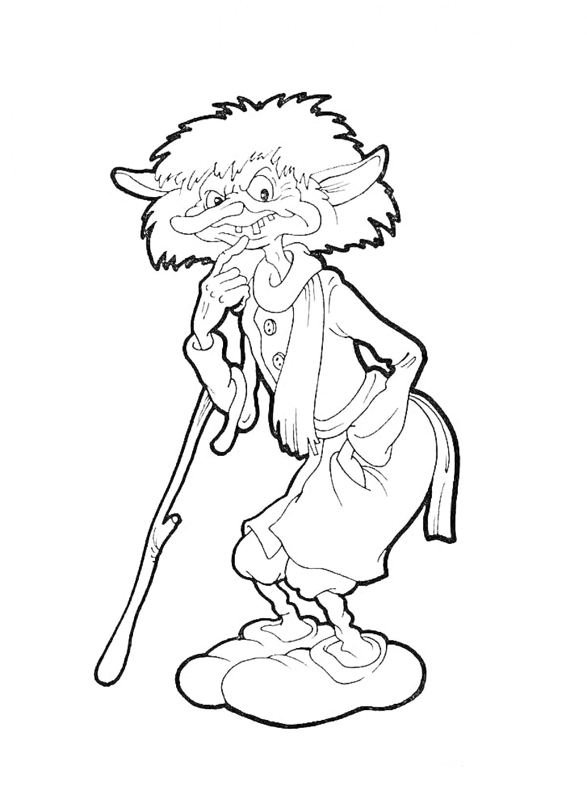 Раскраска Кикимора с палкой, в лохматых волосах и платье