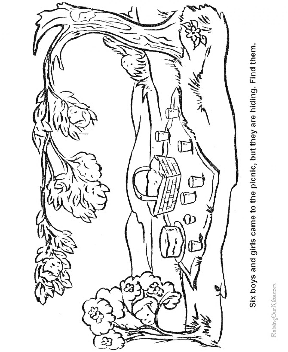 Раскраска Пикник под деревом с прячущимися детьми