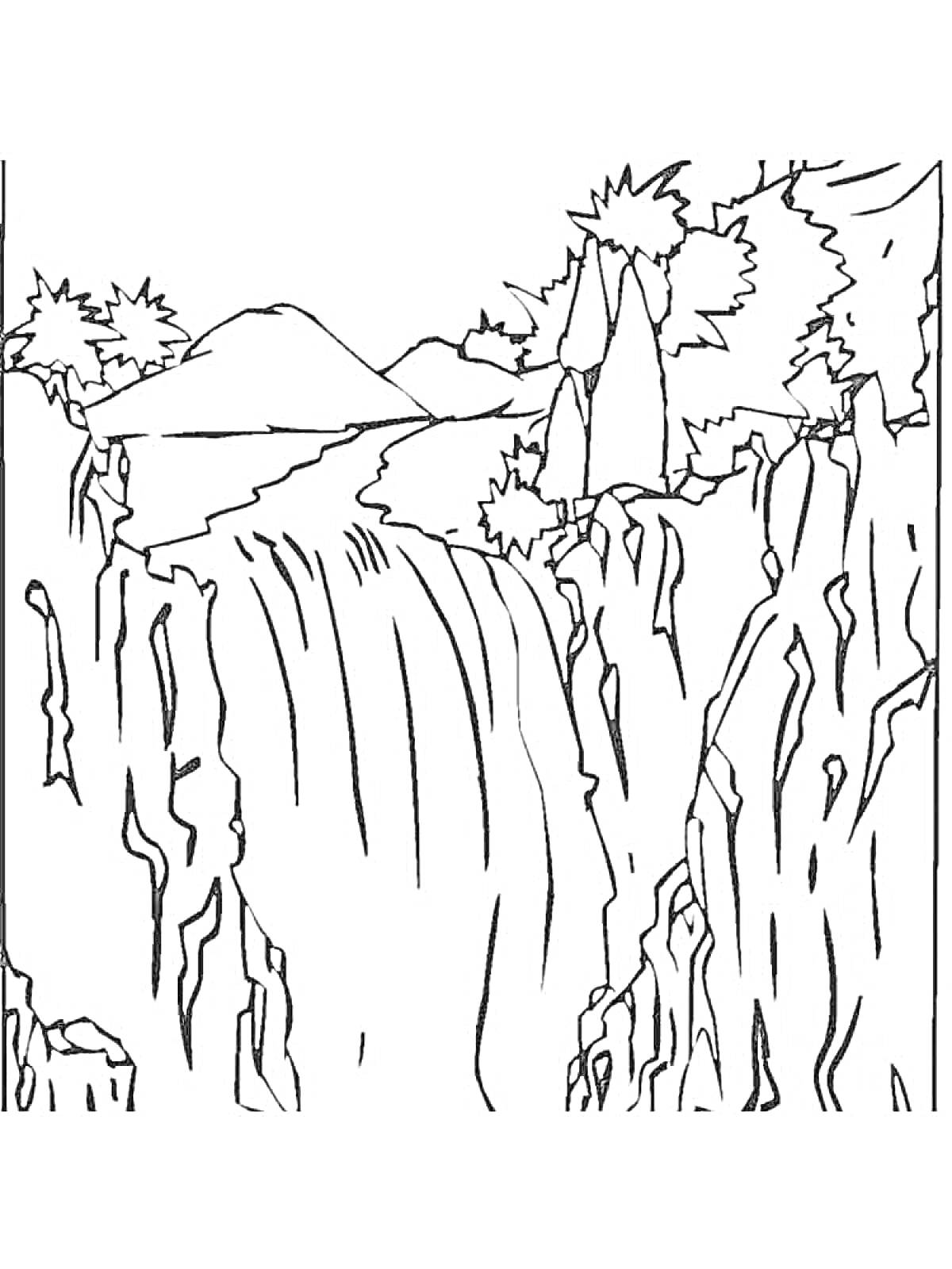 На раскраске изображено: Водопад, Деревья, Горы, Скалы, Природа, Пейзаж, Река