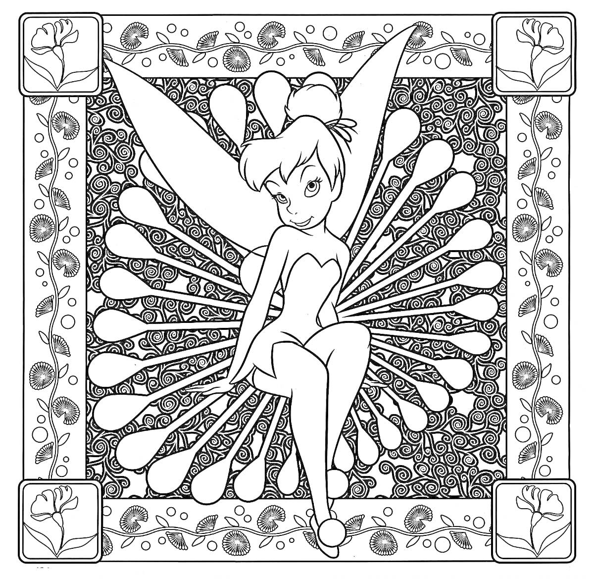 Раскраска Фея с расправленными крыльями в цветочной рамке