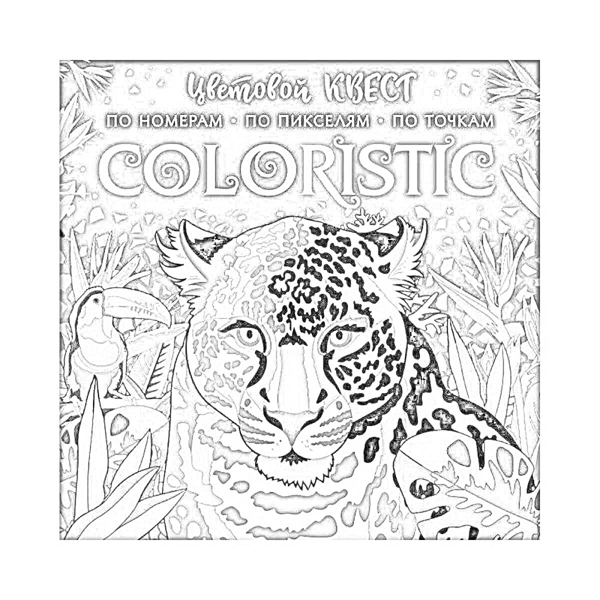 На раскраске изображено: Цветной квест, Ягуар, Джунгли, Тукан, Растения, По номерам, По точкам