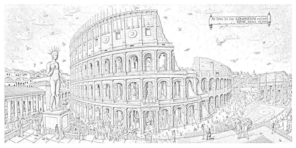 Раскраска Колизей с многочисленными арками, облака на небе, люди вокруг, статуя в левом нижнем углу, дорога с повозками и людьми на заднем плане