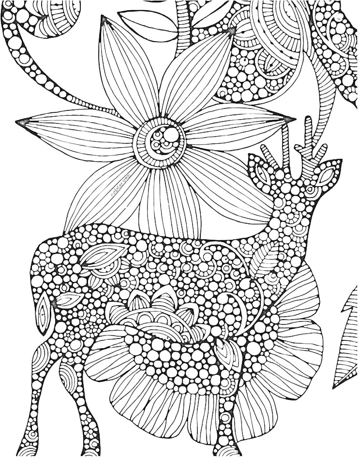 Раскраска Олень и крупный цветок с узорами