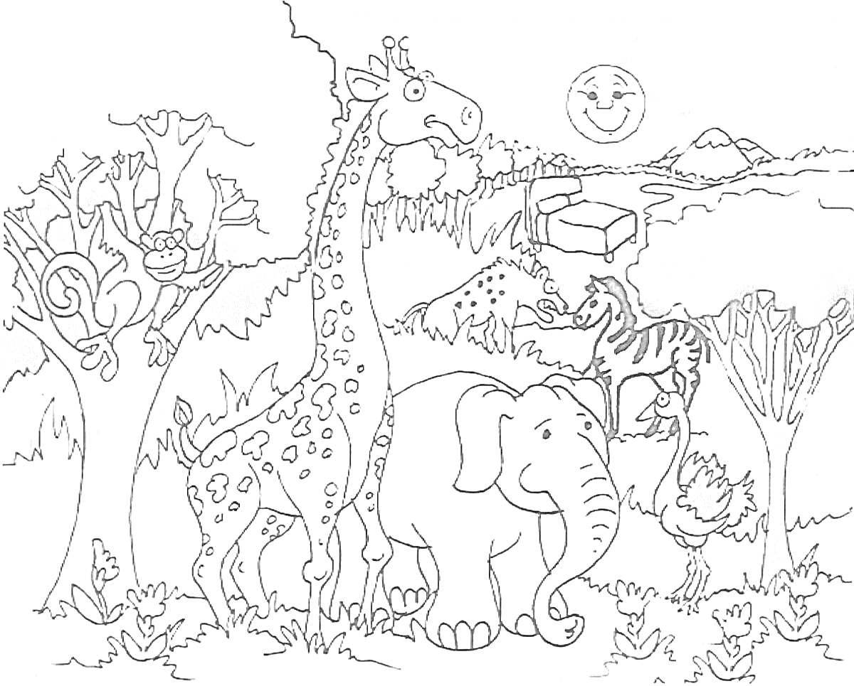 Раскраска Животные в саванне - жираф, слон, зебра, обезьяна на дереве, страус, природа, солнце с лицом