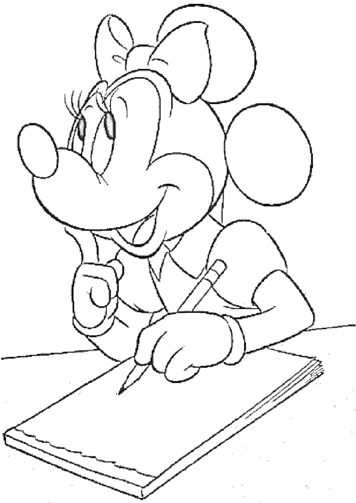 Раскраска Мультяшный персонаж с бантом думает и пишет в блокноте