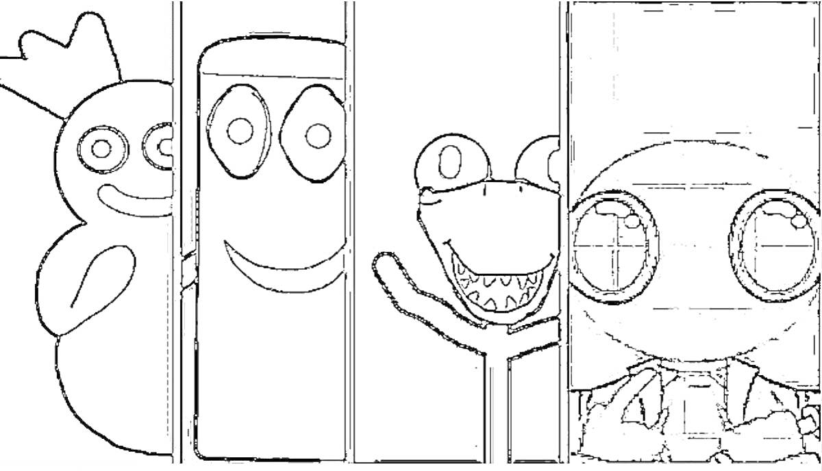 Раскраска Радужные друзья Roblox - персонажи с короной, прямоугольник с глазами, улыбающаяся лягушка, круглоглазый персонаж в рубашке