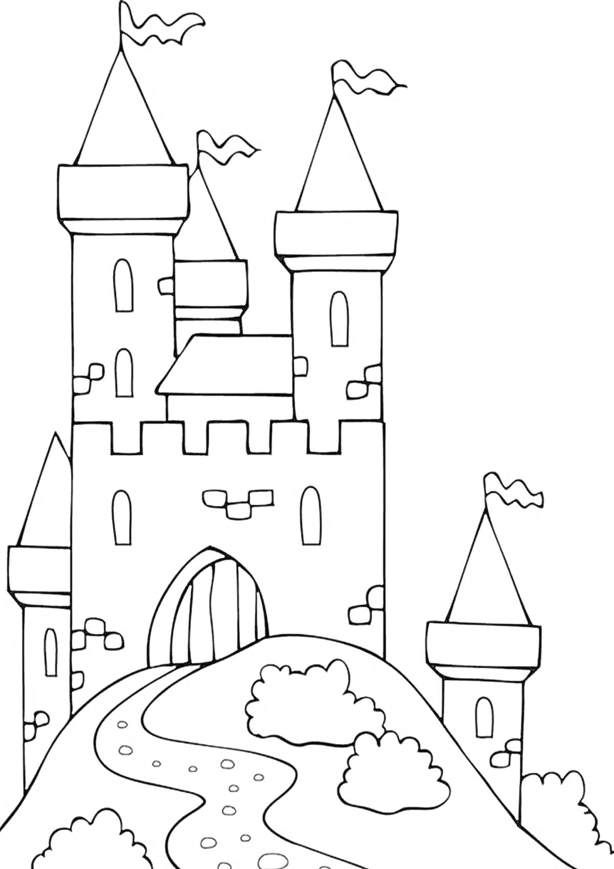 Раскраска Замок с башнями, флагами и дорожкой на холме с кустами